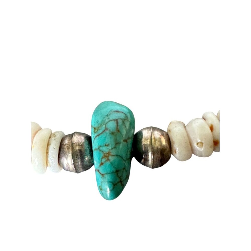 Old Southwestern Puka Oyster Shell Necklace Turquoise Accent & Sterling Silver - Picture 8 of 12